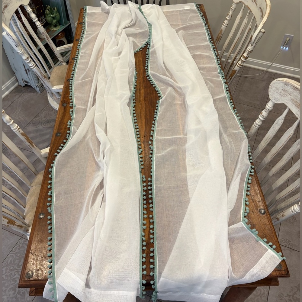 Pom Pom Trim White Semi-Sheer Curtain Panels – Set of 2 (84” x 39” Each) - Picture 3 of 10